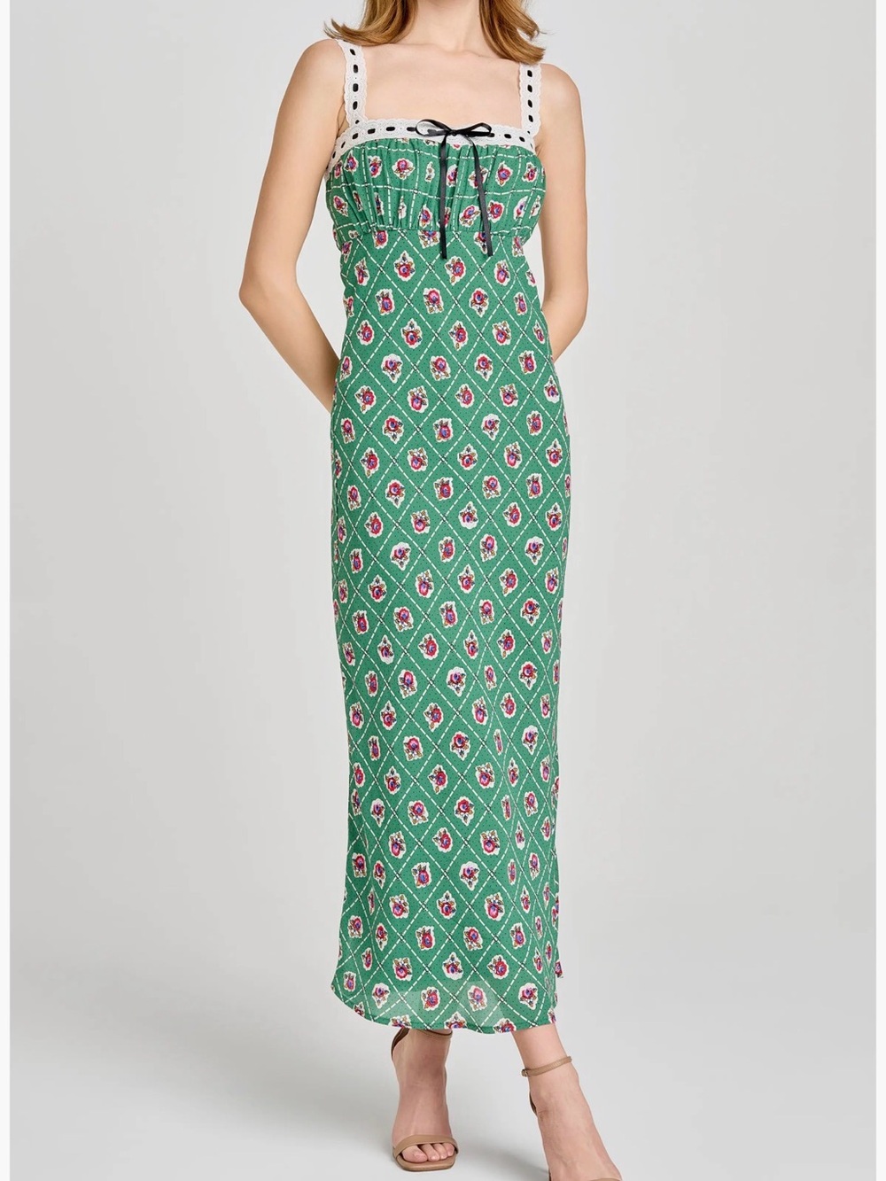 WAYF. Green Patterned Midi Dress with Contrast Trim - Picture 6 of 16
